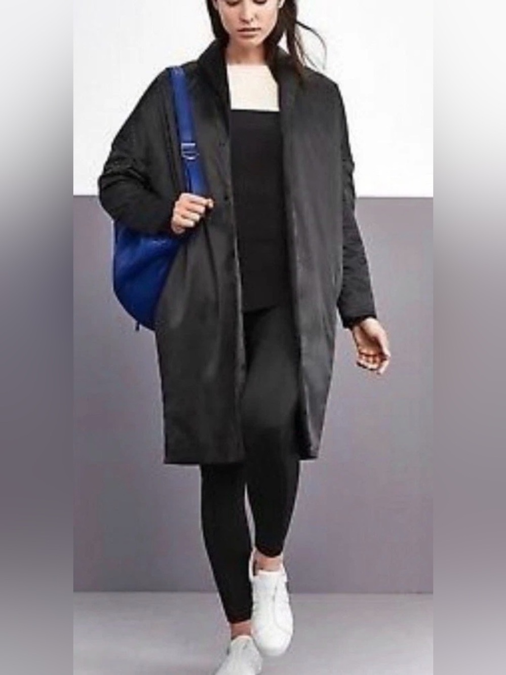 Derek Lam 10C x Athleta Uptown Black Satin Oversized Snap Coat Small